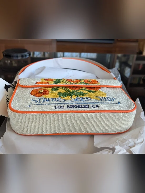 NWT STAUD TOMMY Glass Beaded Vegan Shoulder Bag - CALIFORNIA POPPY; $295 - Picture 11 of 16